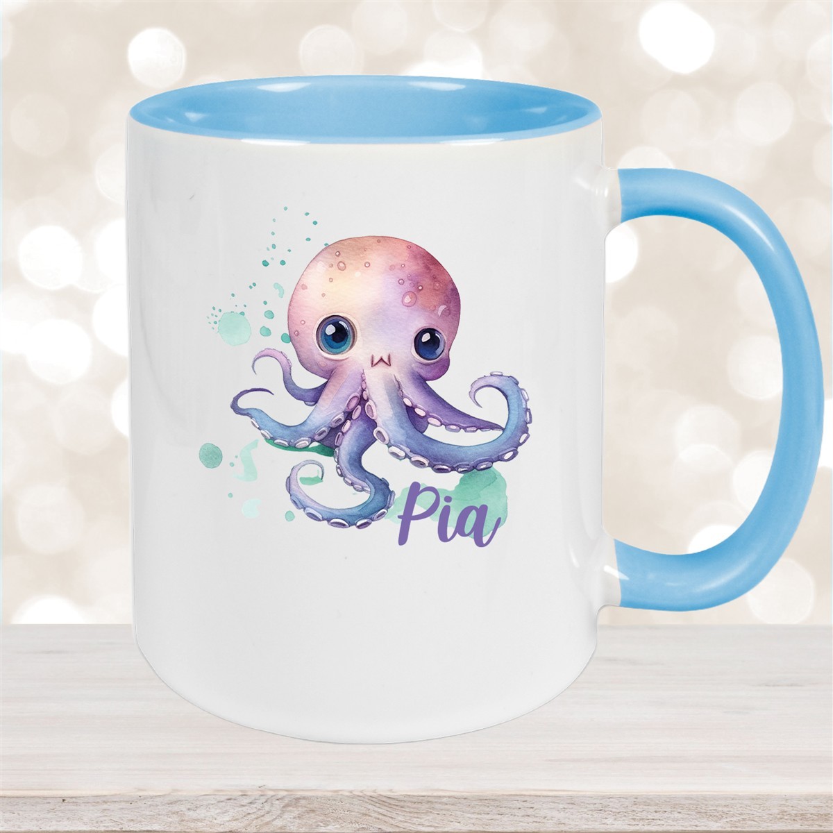 Tasse Wunschname Meerestiere-Oktopus #1 Keramik Kinderbecher Hellblau