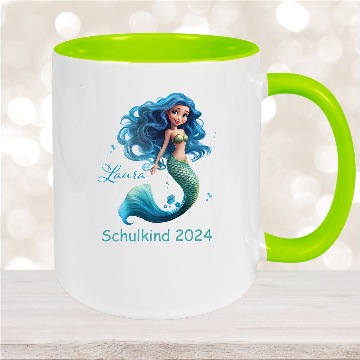Tasse Schulkind #10 Wunschname Meerjungfrau #1 Keramik Kinderbecher Personalisiert Grün