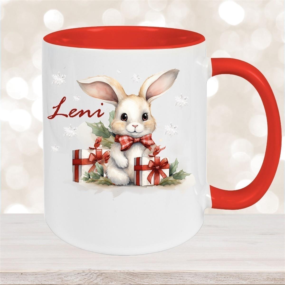 Tasse Wunschname Weihnachten Hase Sterne Keramik Kinderbecher versch. Farben