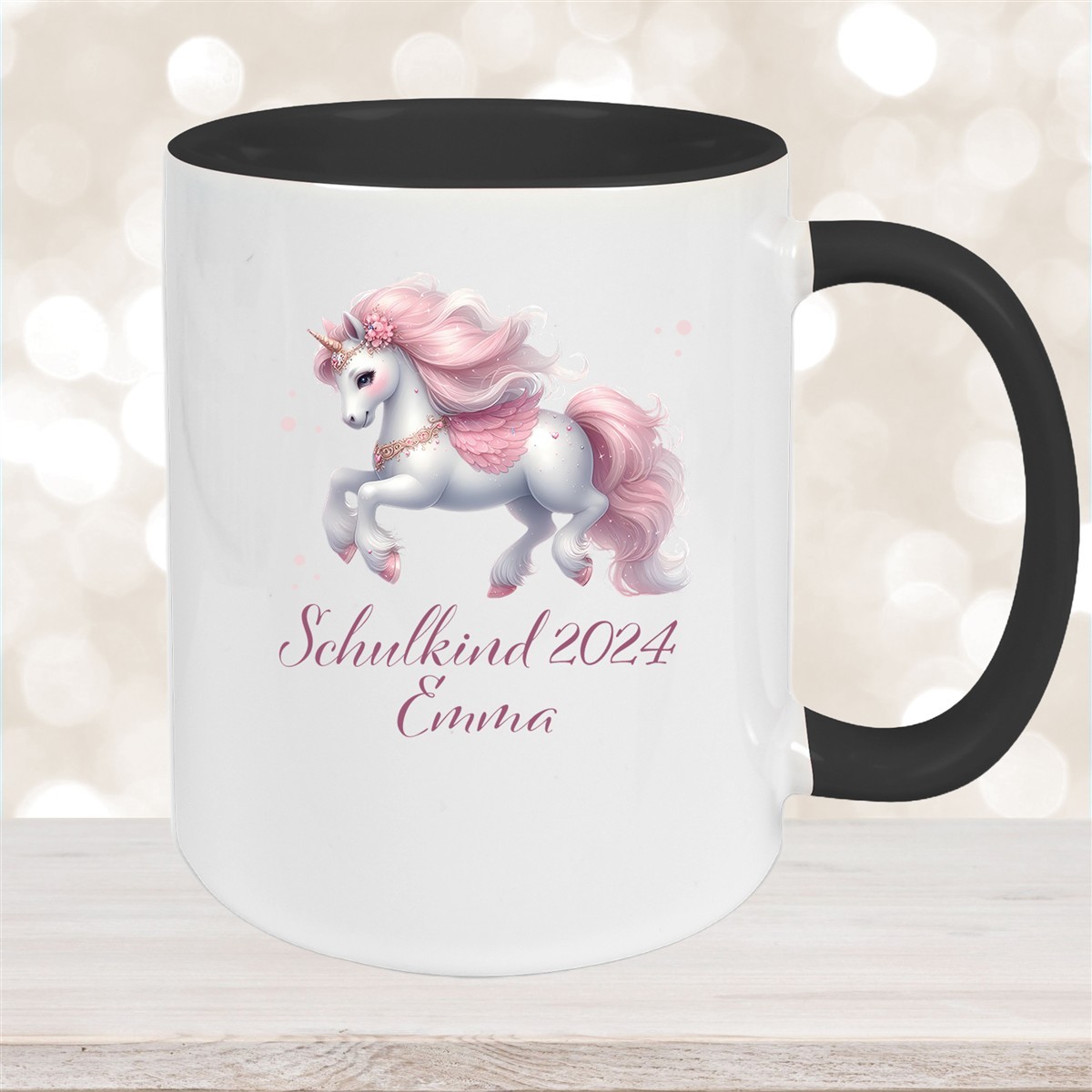 Tasse Schulkind #03 Wunschname Einhorn Keramik Kinderbecher Personalisiert Schwarz