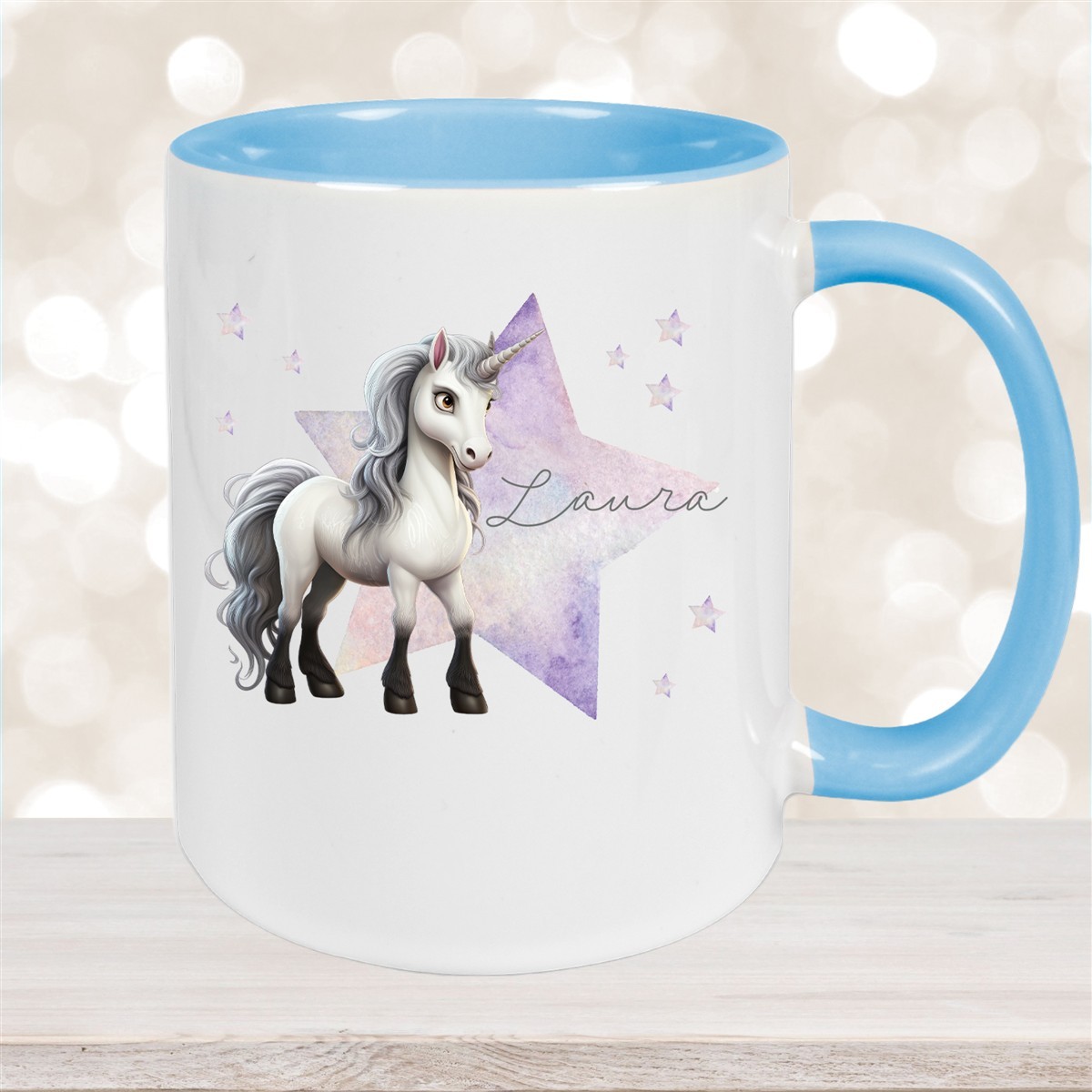 Tasse Wunschname Einhorn Stern #1 Keramik Kinderbecher Hellblau