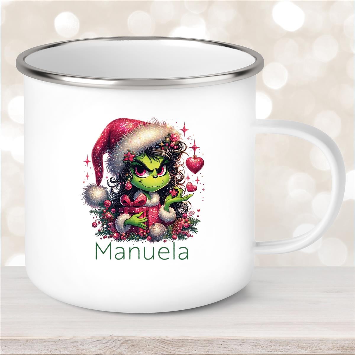 Tasse Wunschname Weihnachten Lady-Grinch #2 Emaille Kinderbecher