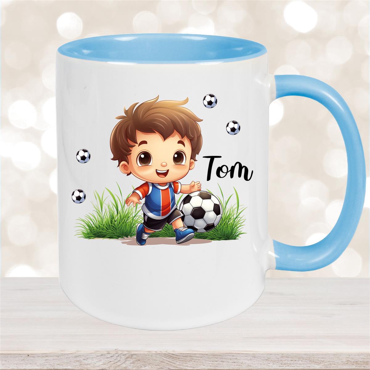 Tasse Fußball #8 Wunschname Keramik Kinderbecher personalisiert Hellblau