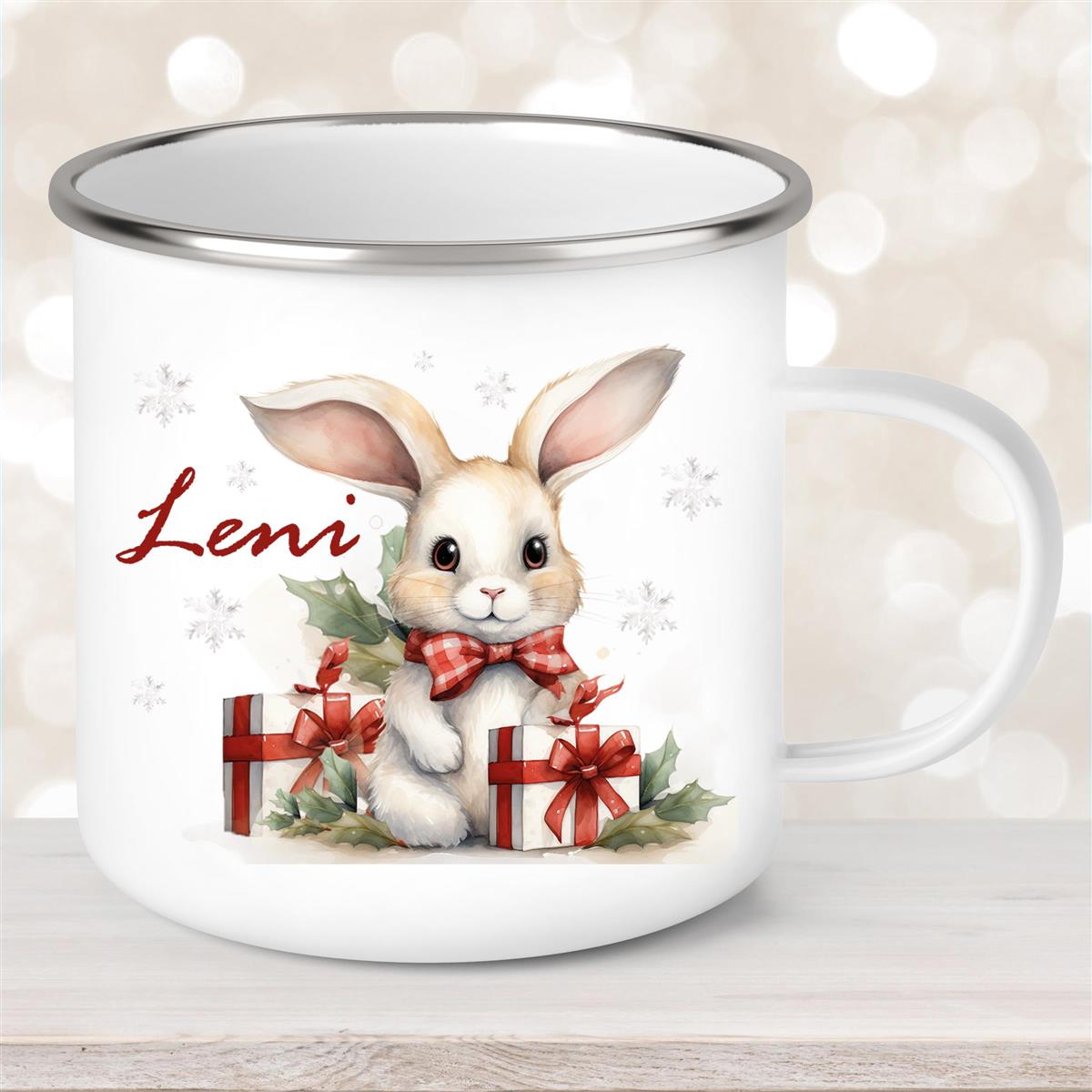 Tasse Wunschname Weihnachten Hase Sterne Emaille Kinderbecher