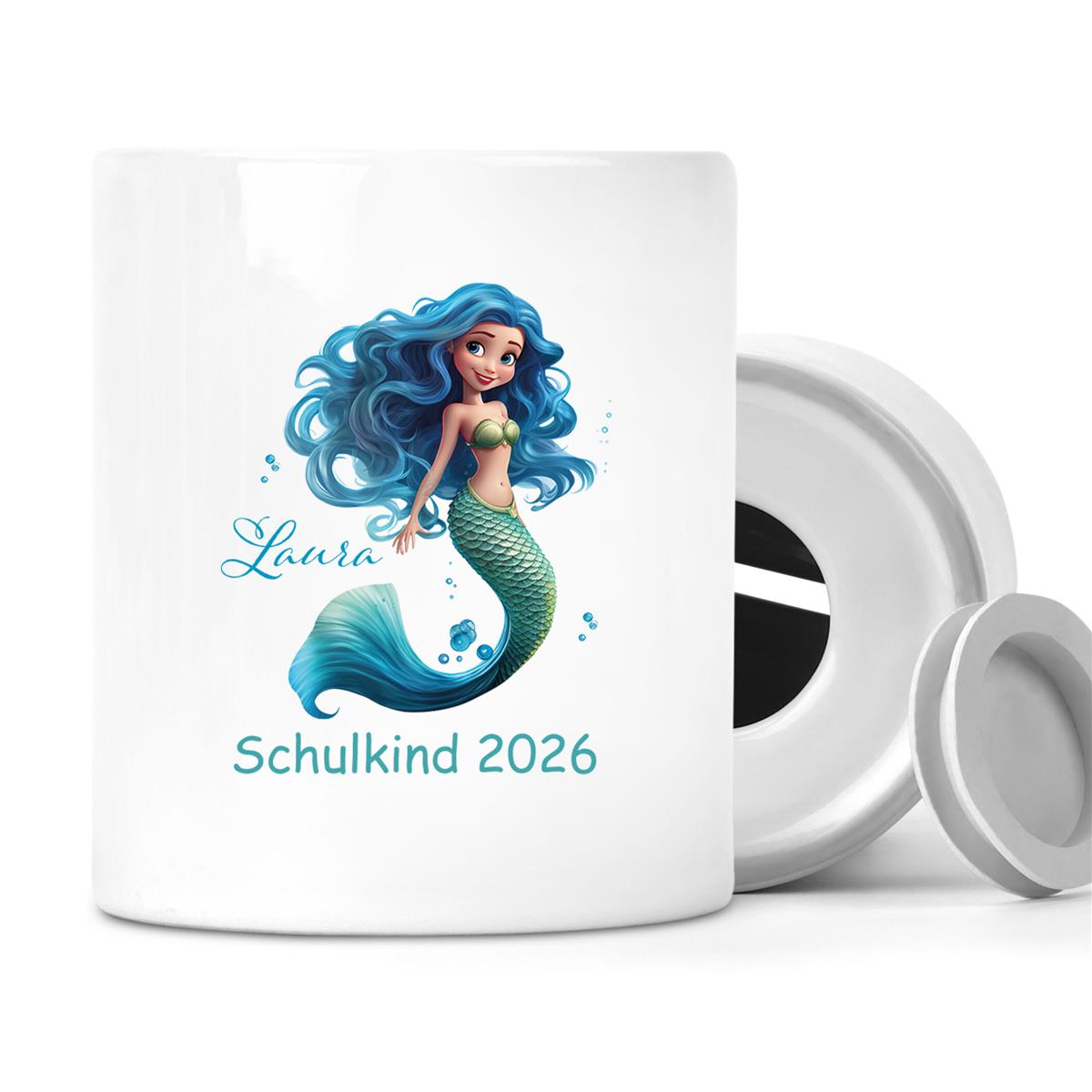 Spardose mit Wunschname Schulanfang 10 Meerjungfrau personalisiert
