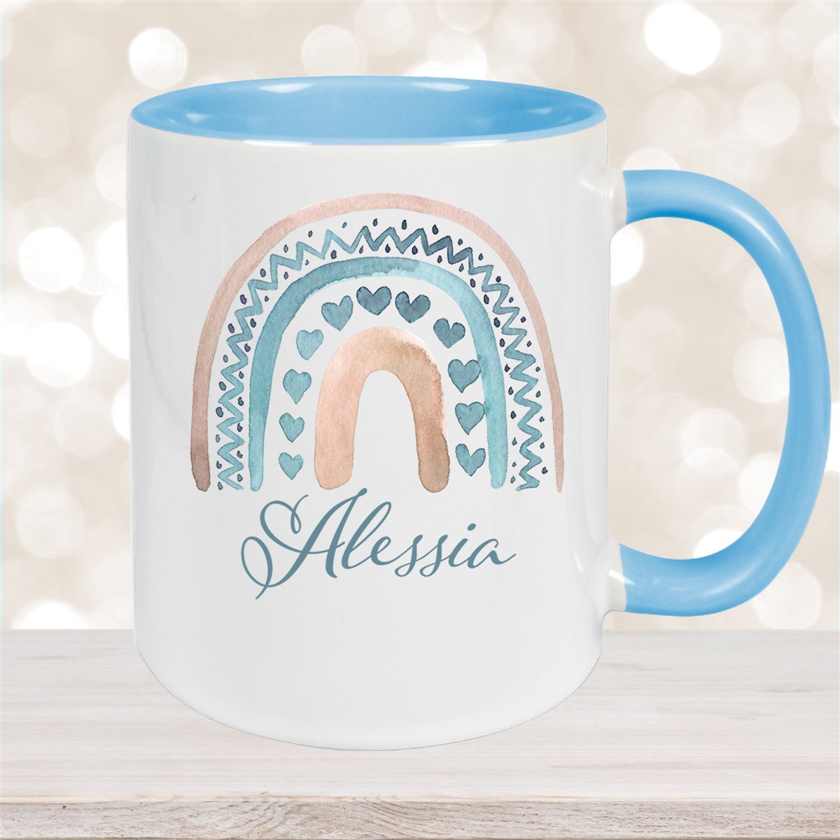 Tasse Wunschname Regenbogen #5 Keramik Kinderbecher Hellblau