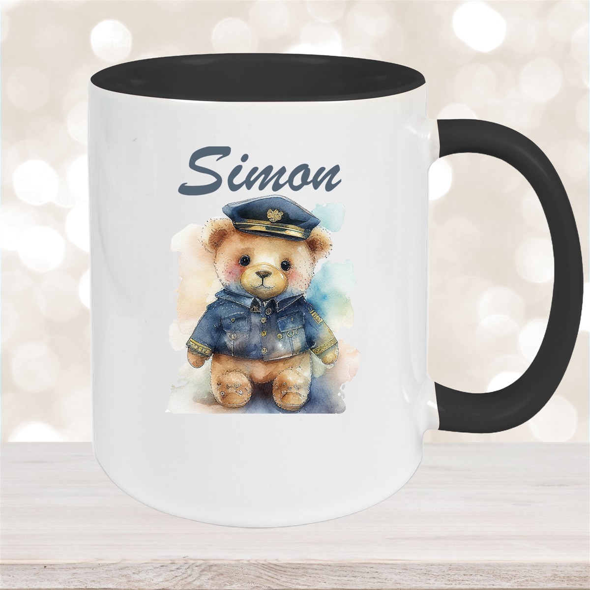 Tasse Polizei Teddy #1 Wunschname Keramik Kinderbecher personalisiert Schwarz