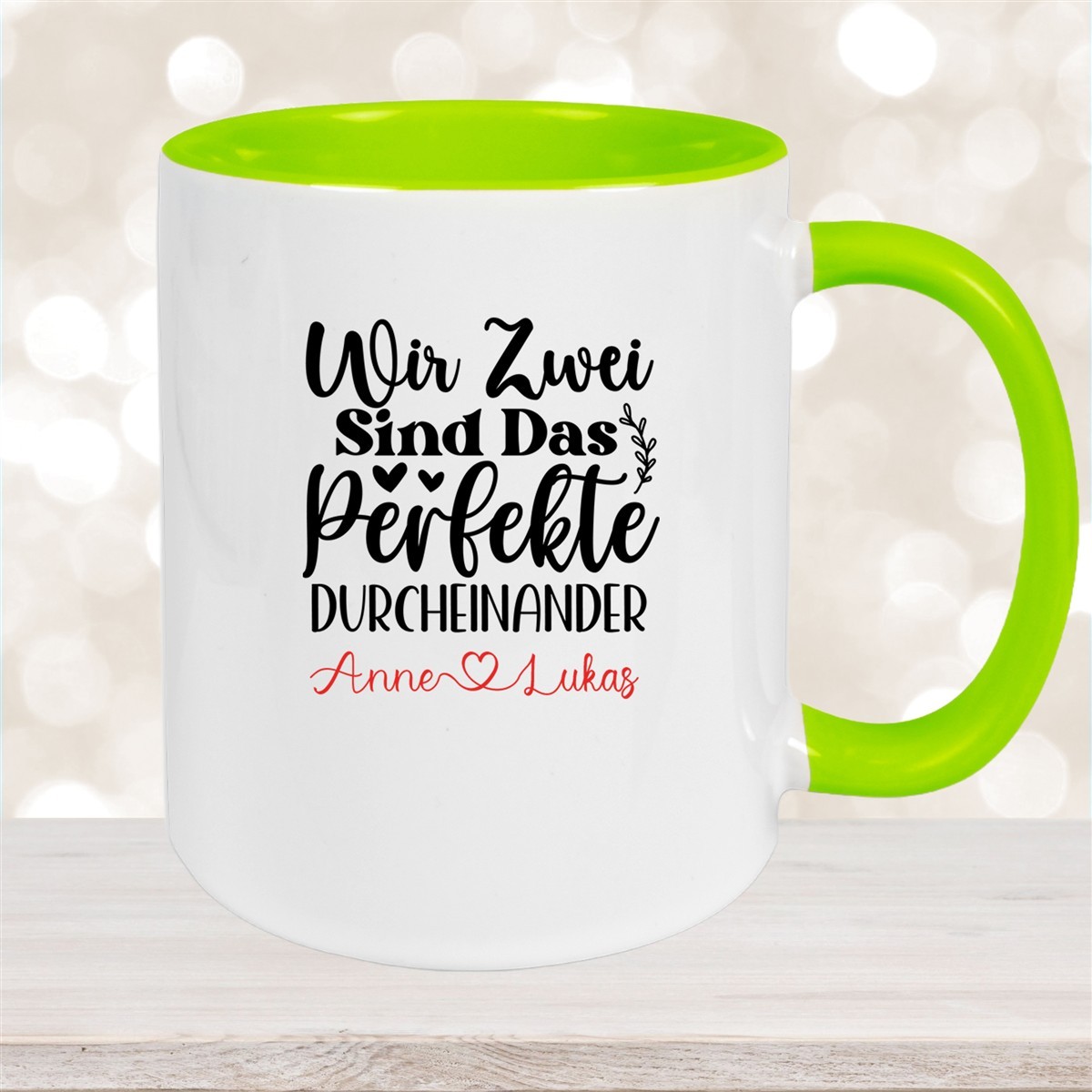 Tasse Liebe - "Wir Zwei sind das perfekte Durcheinander" Valentinstag Wunschnamen Keramik personalisiert versch. Farben Grün