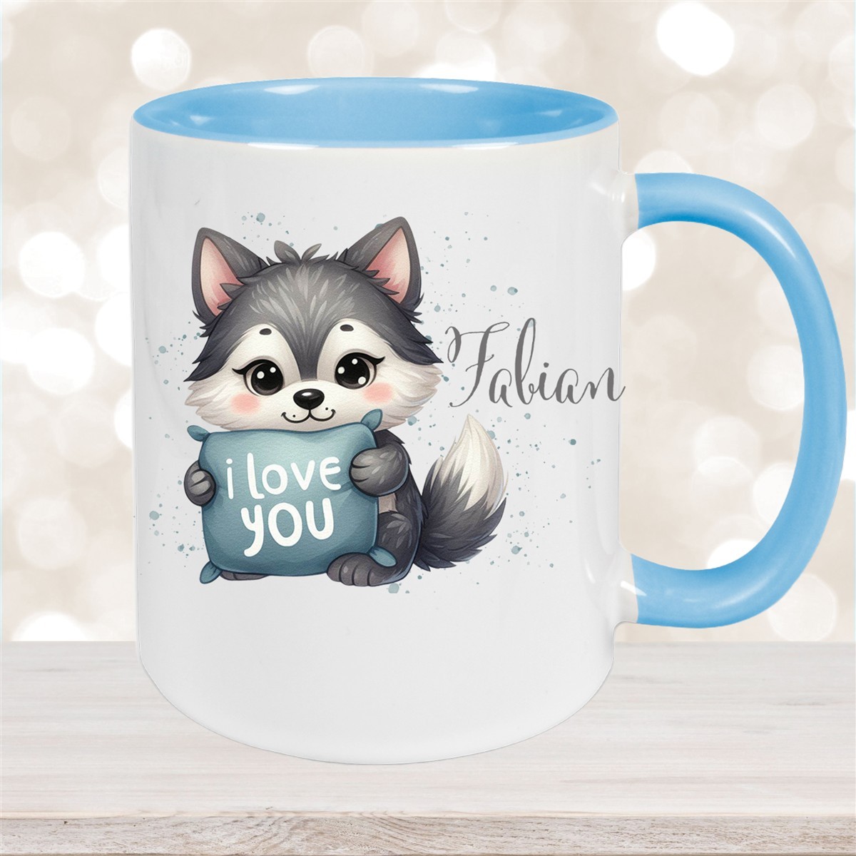 Tasse Liebe - Fuchs Valentinstag Wunschnamen Keramik personalisiert Hellblau