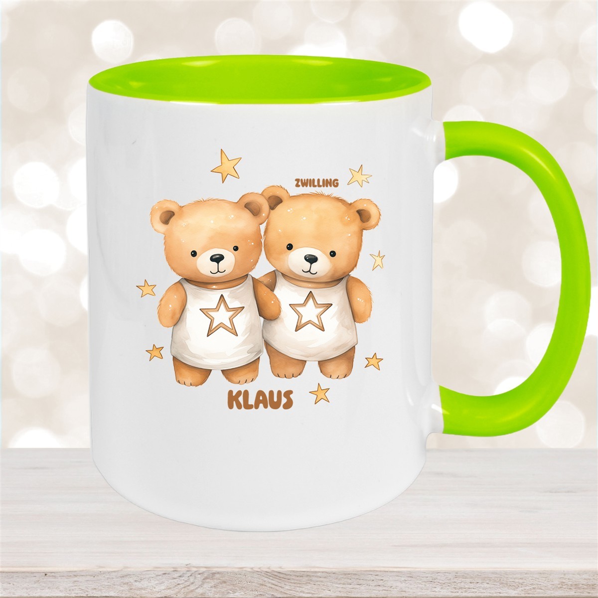 Tasse Sternzeichen Kinder Zwilling #1 Wunschname Keramik Kinderbecher personalisiert Grün