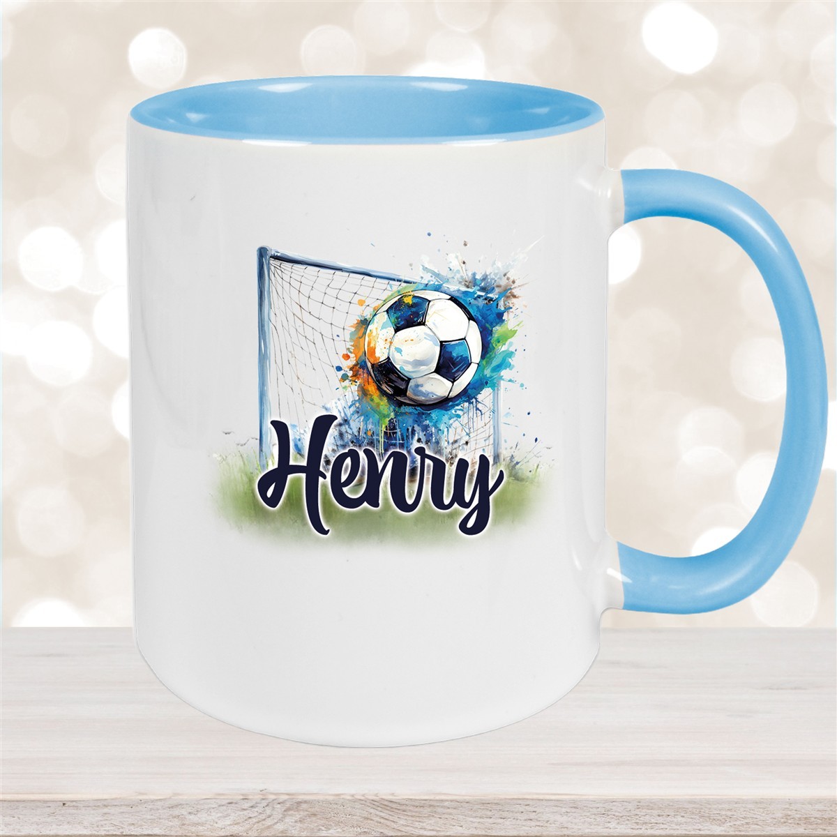 Tasse Wunschname Fußball #13 Personalisiert Keramik Kinderbecher Hellblau