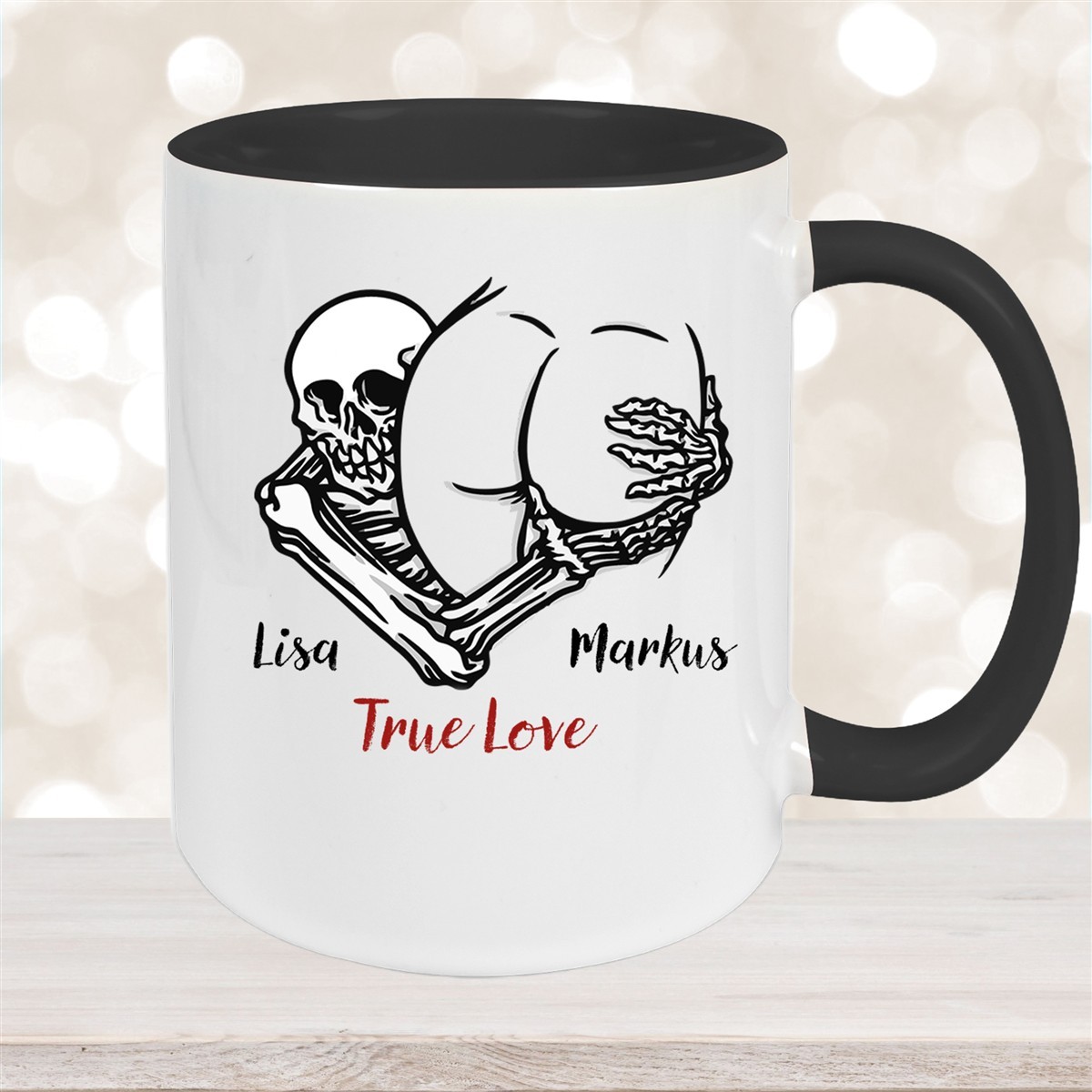 Tasse Totenkopf True Love Valentinstag #7 Wunschnamen Keramik personalisiert versch. Farben Schwarz