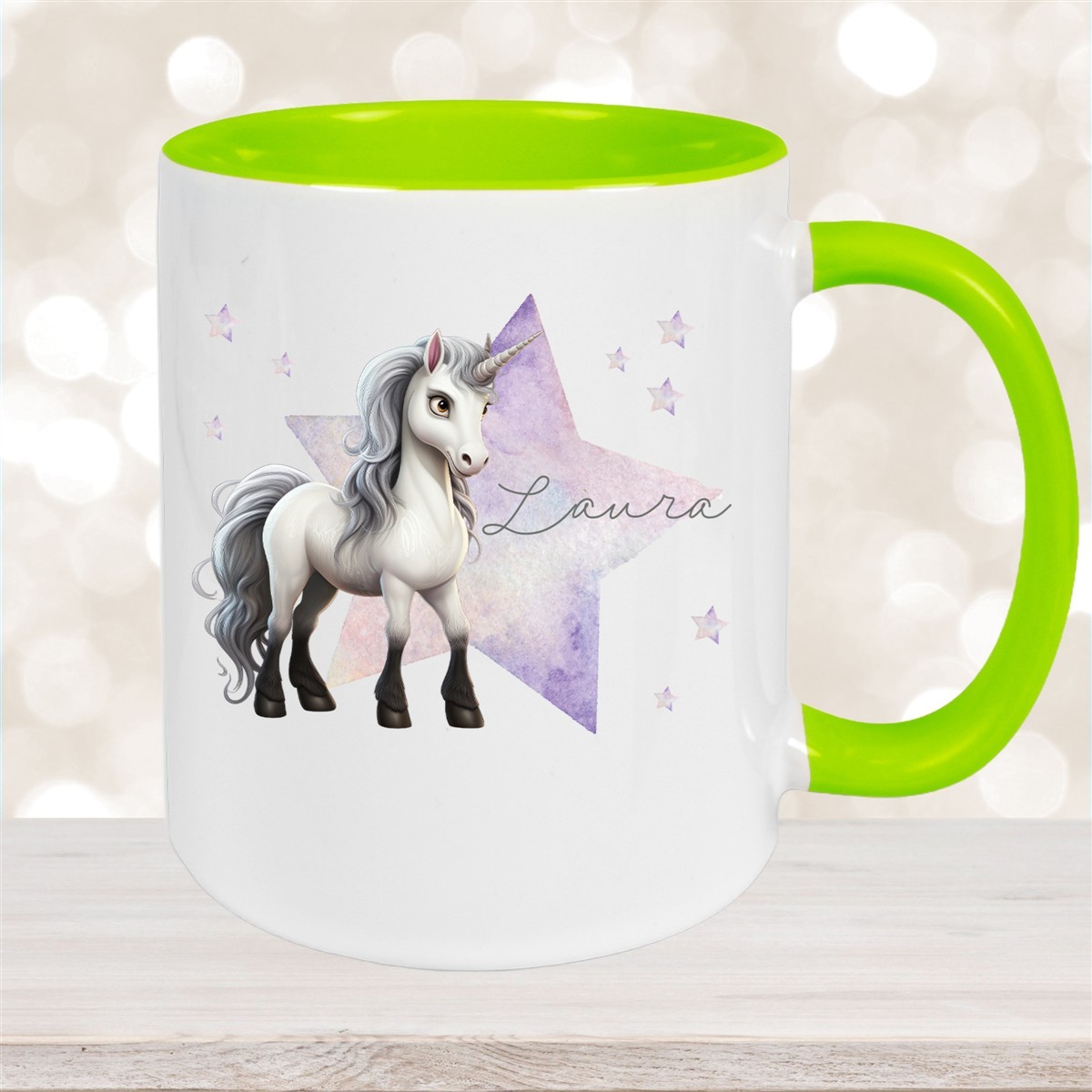 Tasse Wunschname Einhorn Stern #1 Keramik Kinderbecher Grün
