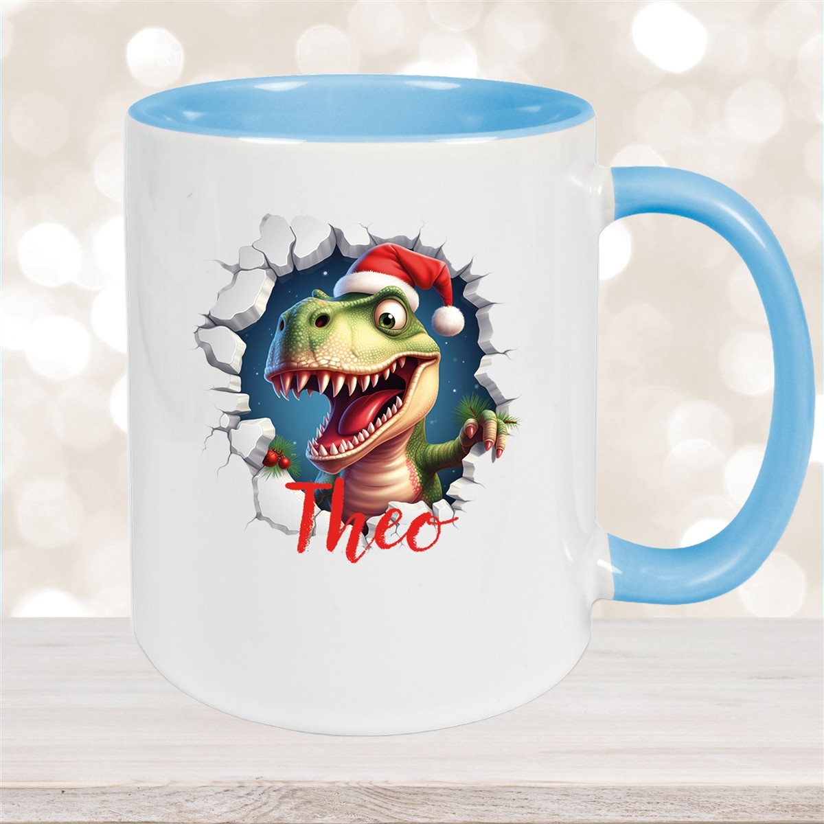 Tasse Wunschname Christmas Dino #1 Keramik Kinderbecher Hellblau