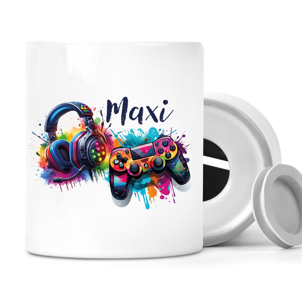 Spardose mit Wunschname Gamer 3, Controller, HeadSet, Gamer Fund, Personalisiert