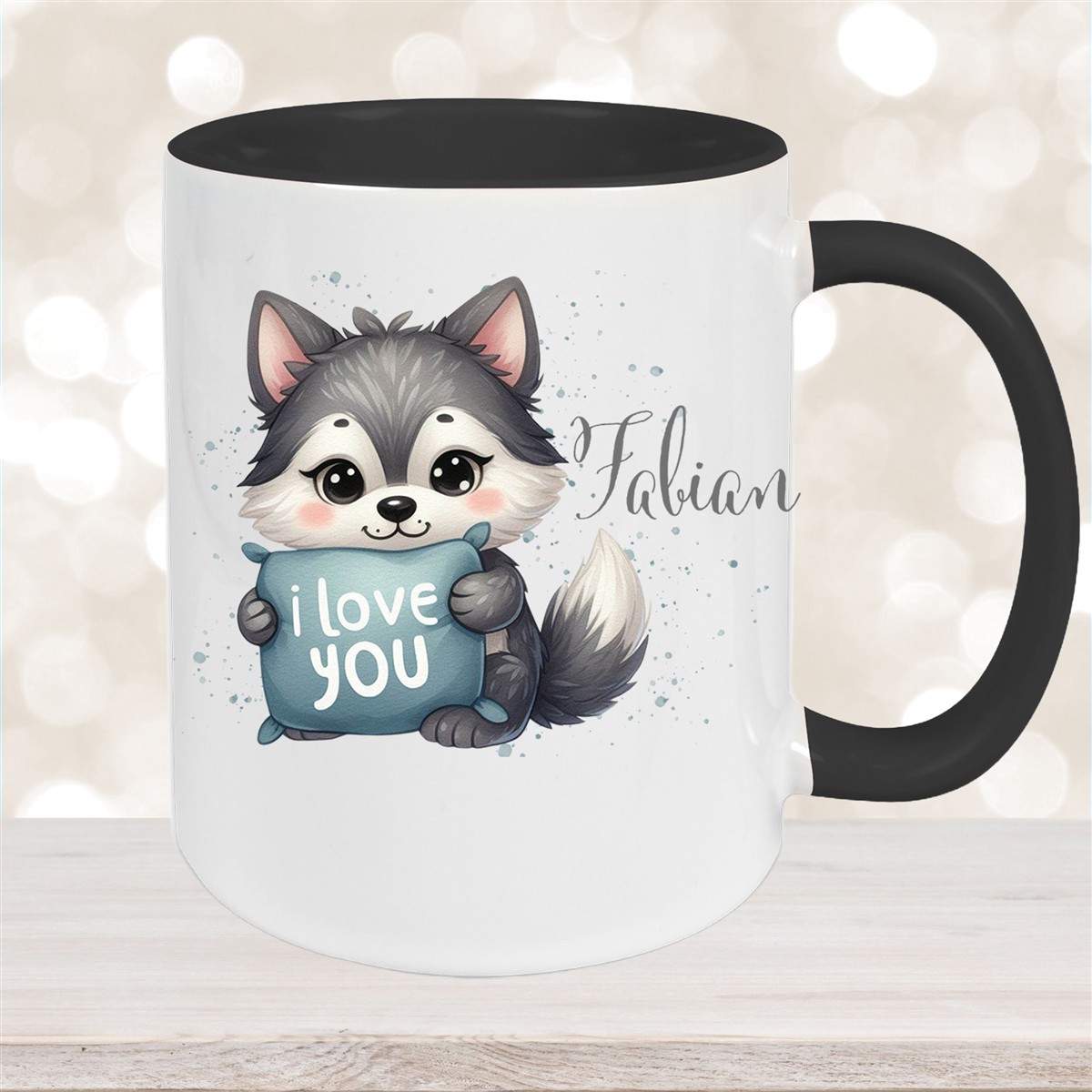 Tasse Liebe - Fuchs Valentinstag Wunschnamen Keramik personalisiert Schwarz