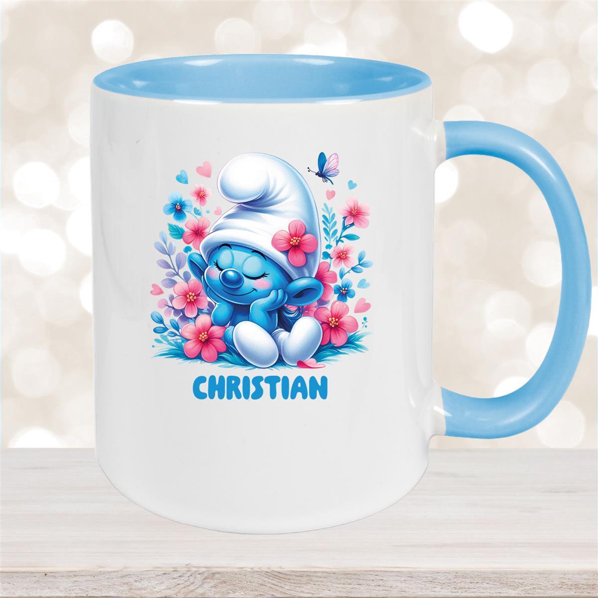 Tasse Kinder Schlumpf #1 mit Blumen Wunschname Keramik Kinderbecher personalisiert versch. Farben Hellblau