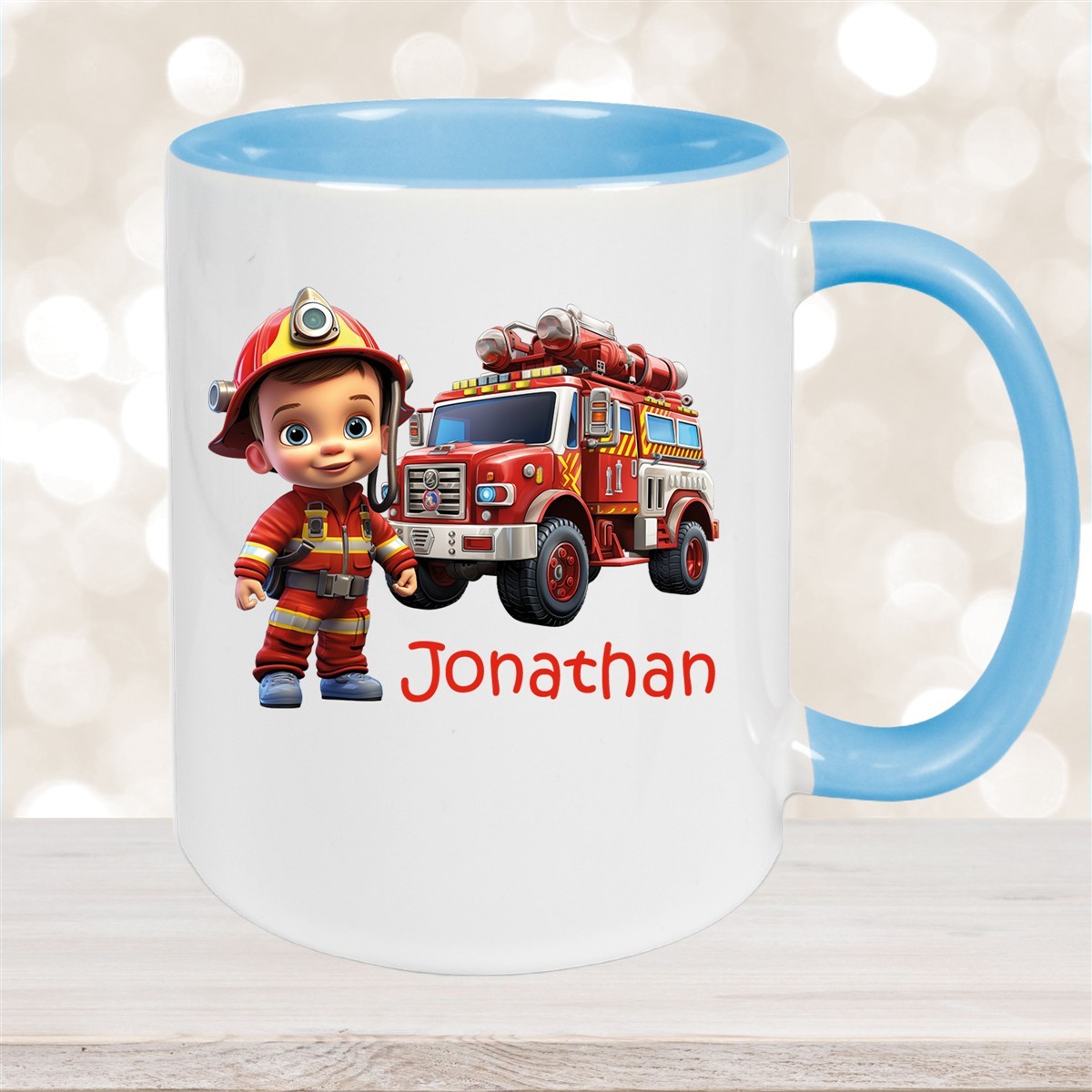 Tasse Wunschname Feuerwehr #3 Keramik Kinderbecher Hellblau