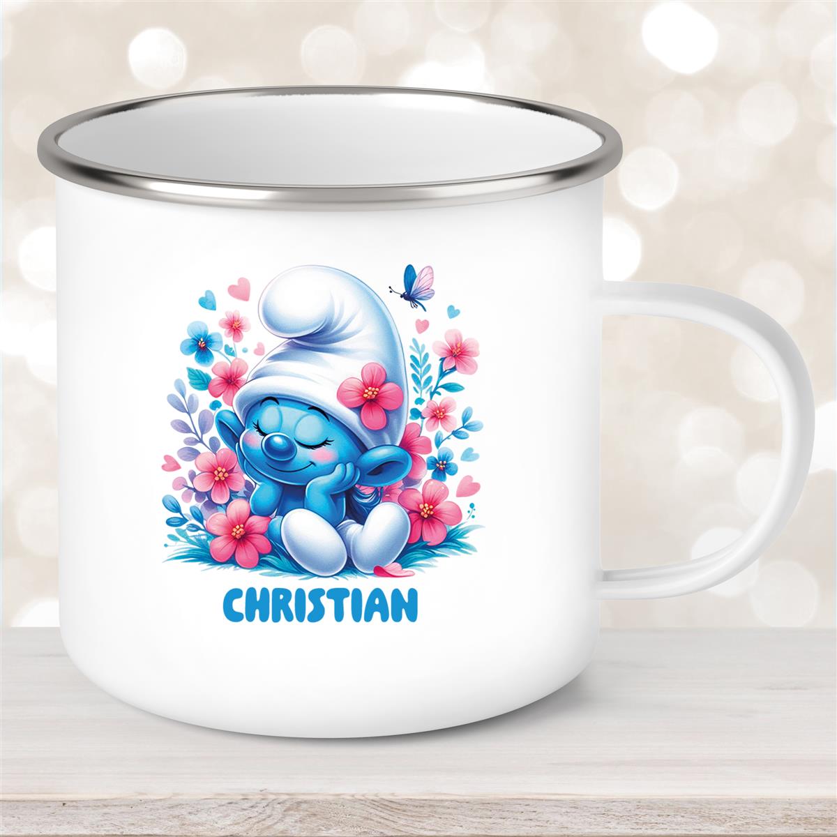 Tasse Kinder Schlumpf #1 mit Blumen Wunschname Emaille Kinderbecher personalisiert