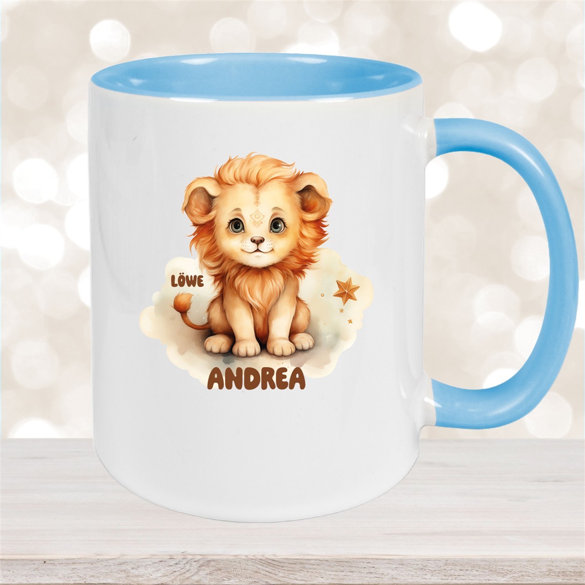 Tasse Sternzeichen Kinder Löwe #1 Wunschname Keramik Kinderbecher personalisiert Hellblau