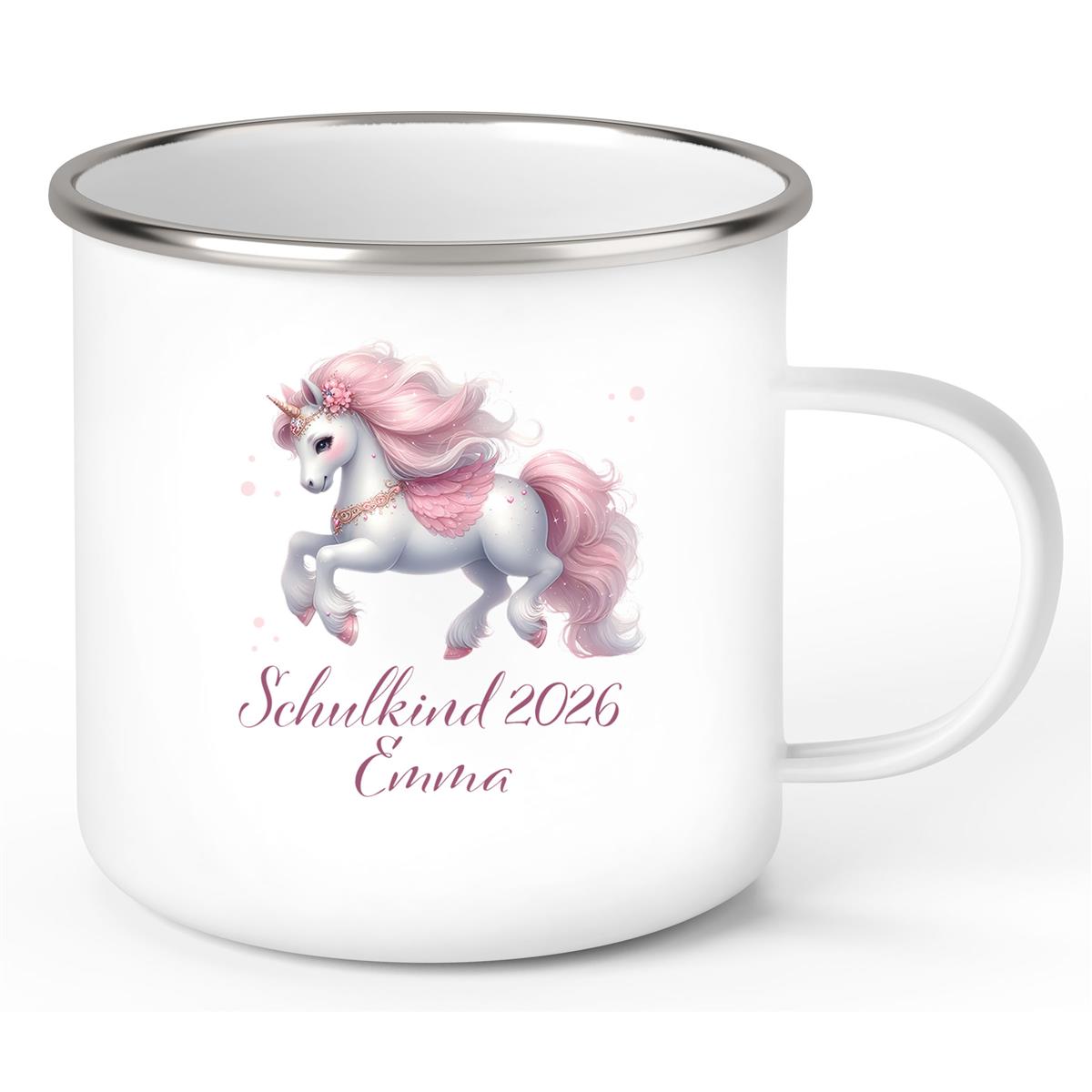 Tasse Schulkind 03 Wunschname Einhorn Emaille Kinderbecher Personalisiert