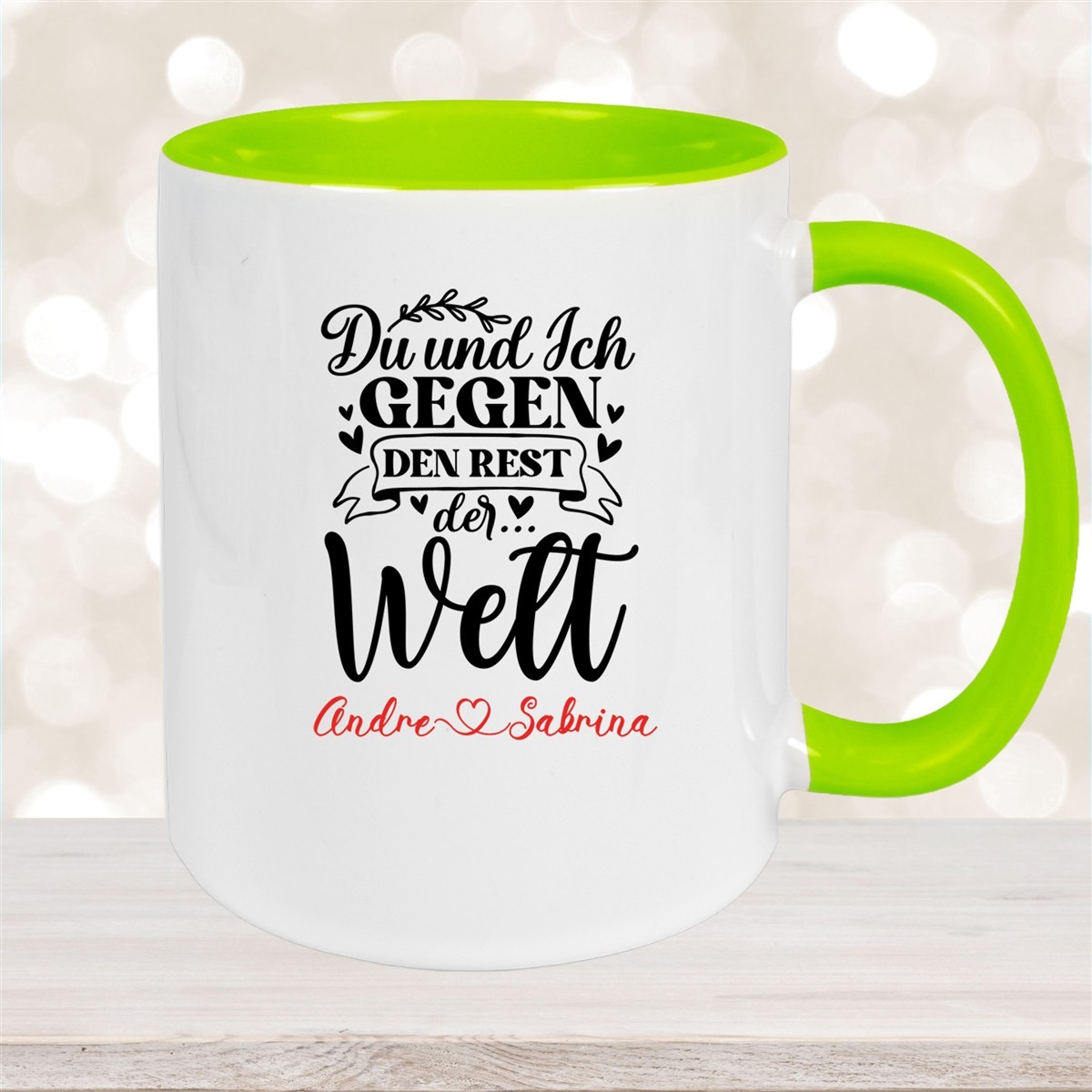 Tasse Liebe - Spruch "Du und Ich, gegen den Rest der Welt" Valentinstag Wunschnamen Keramik personalisiert versch. Farben Grün
