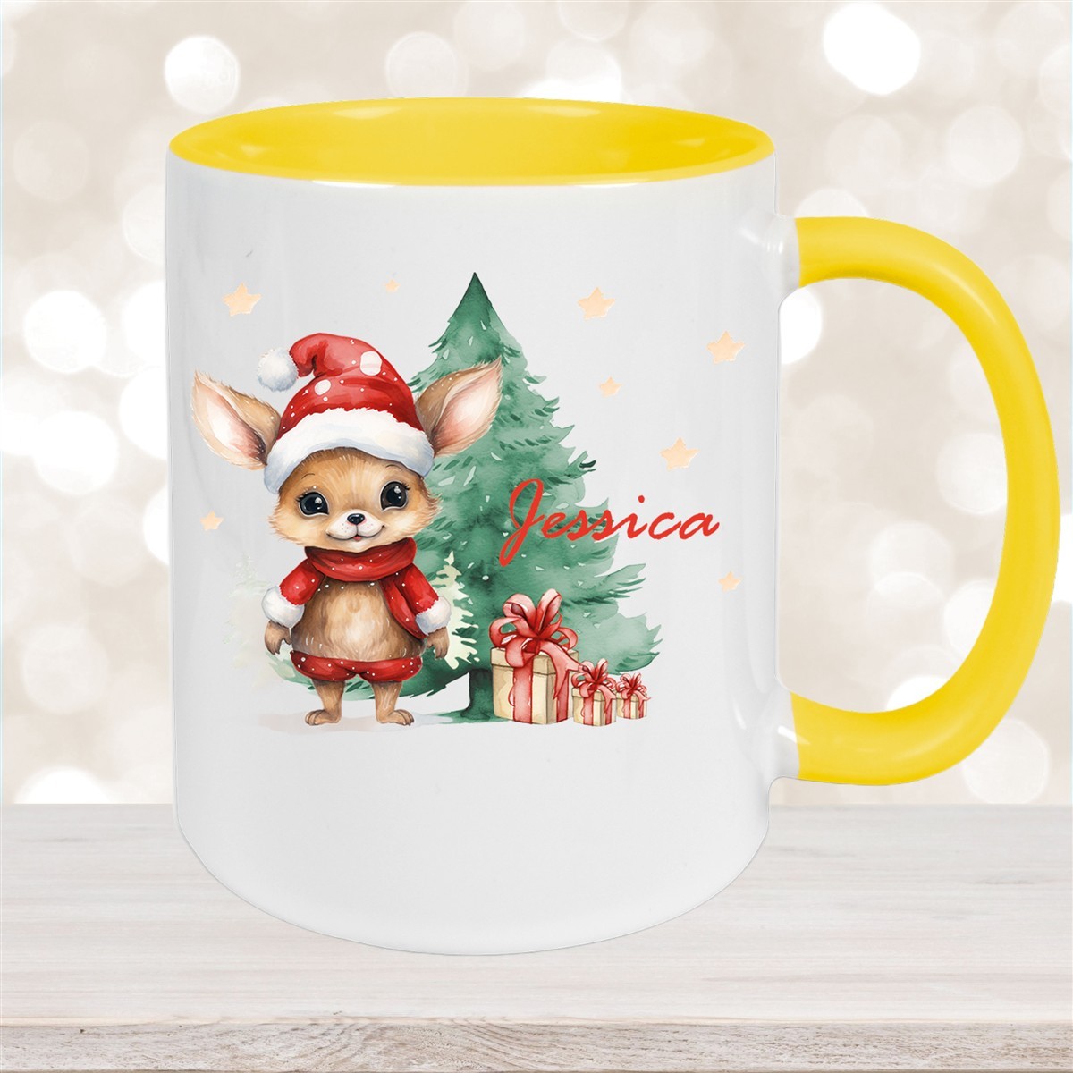 Tasse Wunschname Weihnachten Rehlein-Tannenbaum Keramik Kinderbecher Gelb