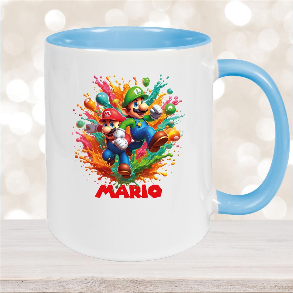 Tasse Wunschname Super-Mario #4 Keramik Kinderbecher personalisiert Hellblau