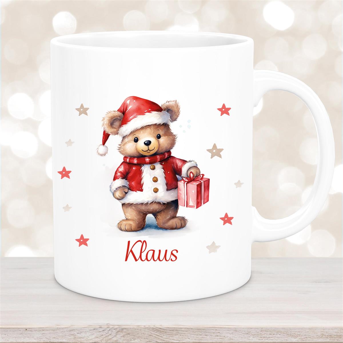 Tasse Wunschname Weihnachten Teddy Sterne Keramik Kinderbecher Weiß