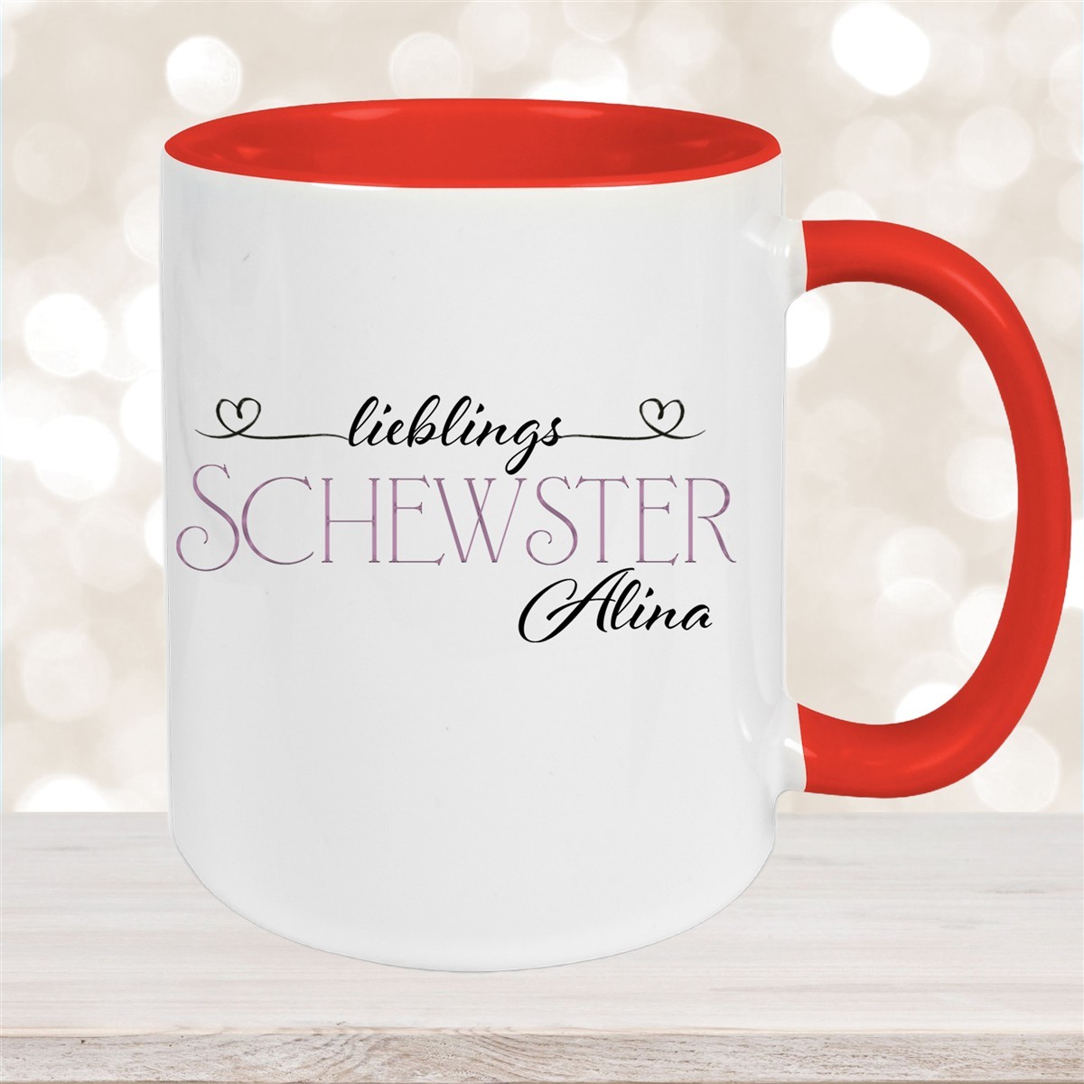Tasse Wunschname Lieblings-Schwester #1 personalisiert Keramik Becher Rot