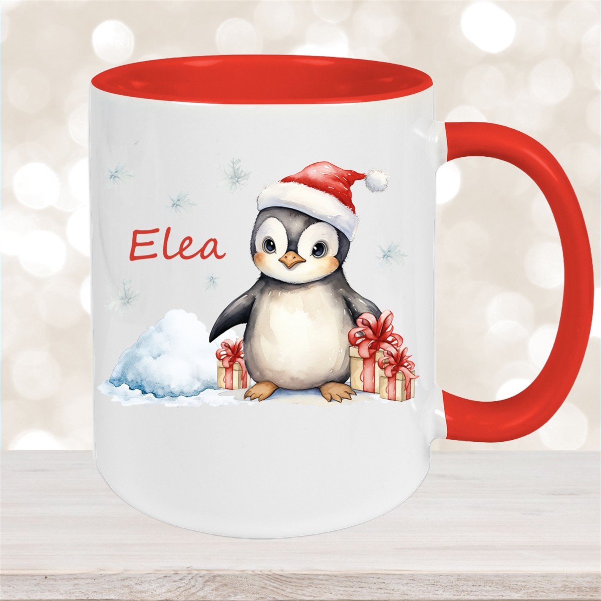 Tasse Wunschname Weihnachten Pinguin #1 Keramik Kinderbecher Rot