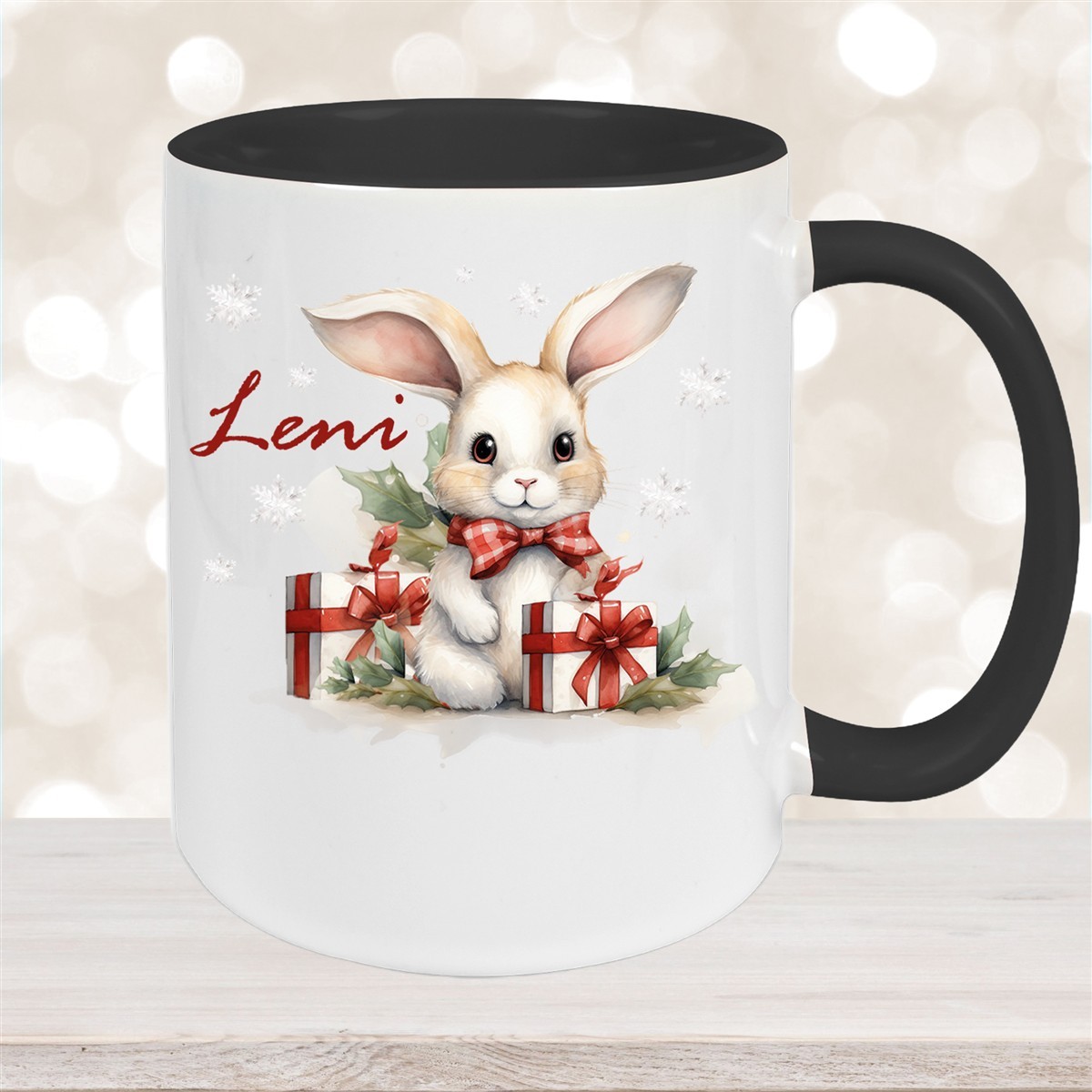 Tasse Wunschname Weihnachten Hase Sterne Keramik Kinderbecher Schwarz