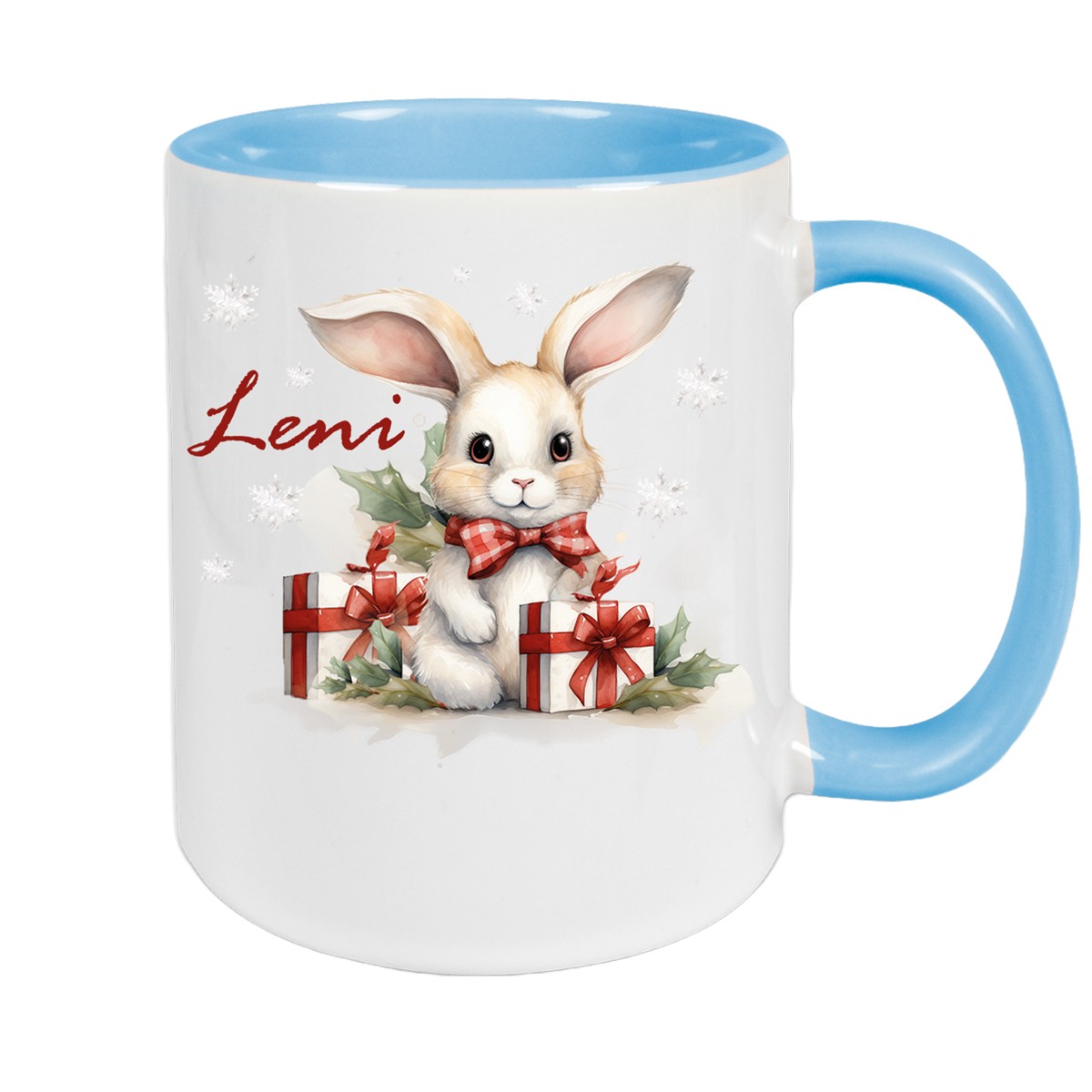 Tasse Wunschname Weihnachten Hase Sterne Keramik Kinderbecher Hellblau
