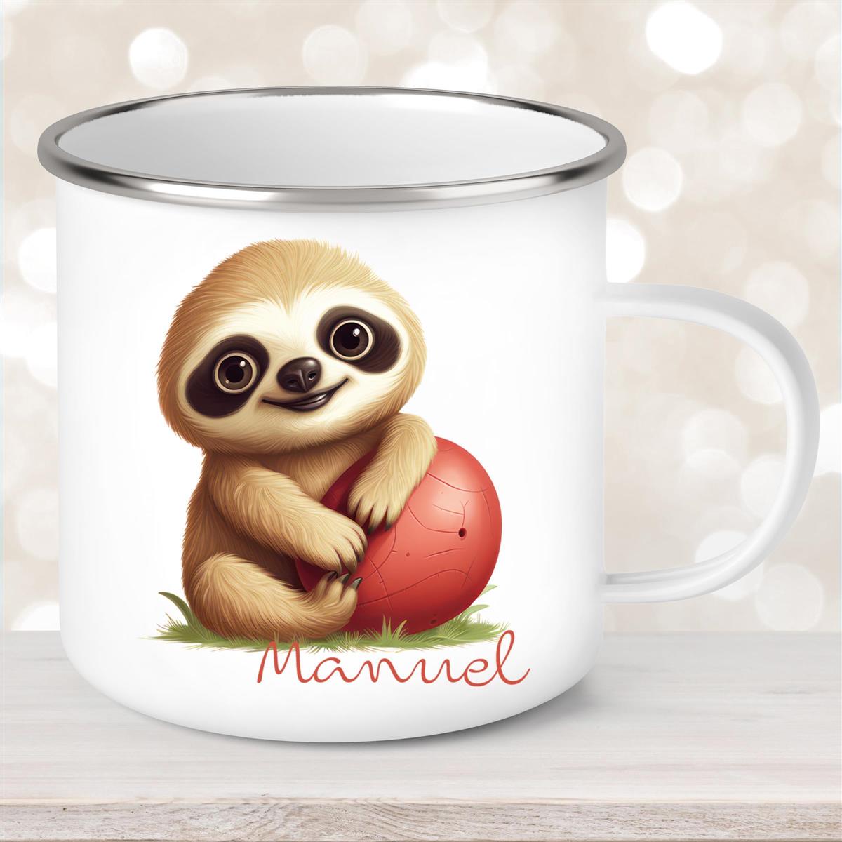 Tasse Wunschname Faultier-Ball Emaille Kinderbecher