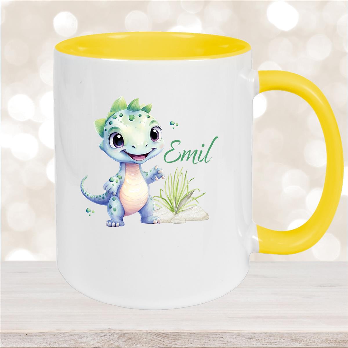 Tasse Dino #14 Wunschname Keramik Kinderbecher Personalisiert Gelb