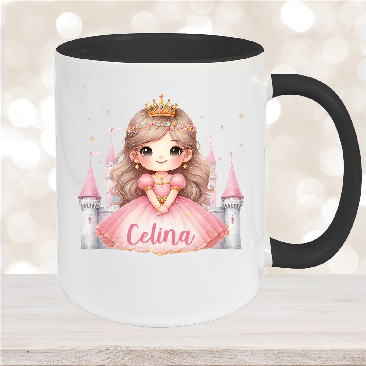 Tasse Kinder Prinzessin #3 Wunschname Keramik Kinderbecher personalisiert Schwarz