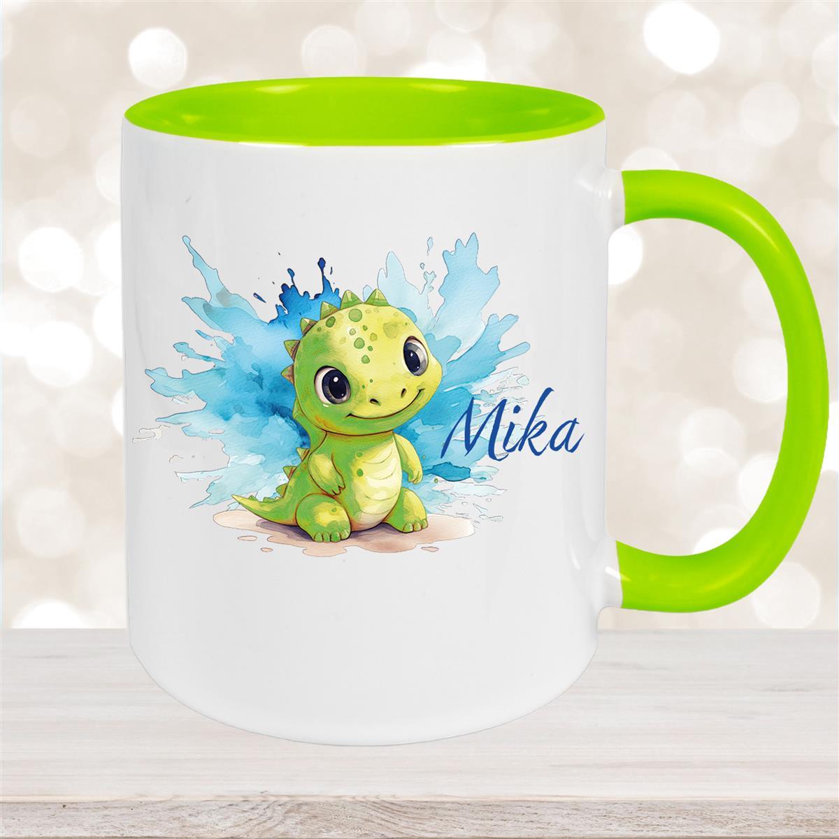 Tasse Dino #12 Wunschname Keramik Kinderbecher Personalisiert Grün