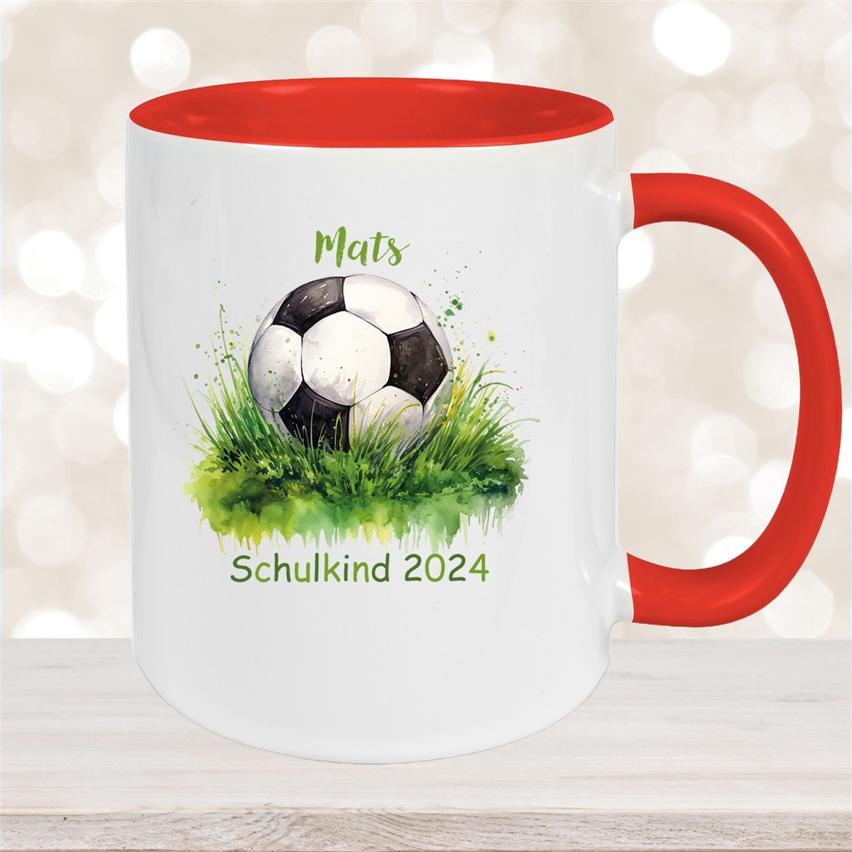 Tasse Schulkind #12 Wunschname Fußball#1 Keramik Kinderbecher Personalisiert Rot