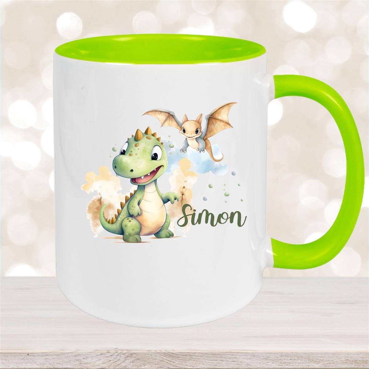 Tasse Dino #6 Wunschname Keramik Kinderbecher Personalisiert Grün
