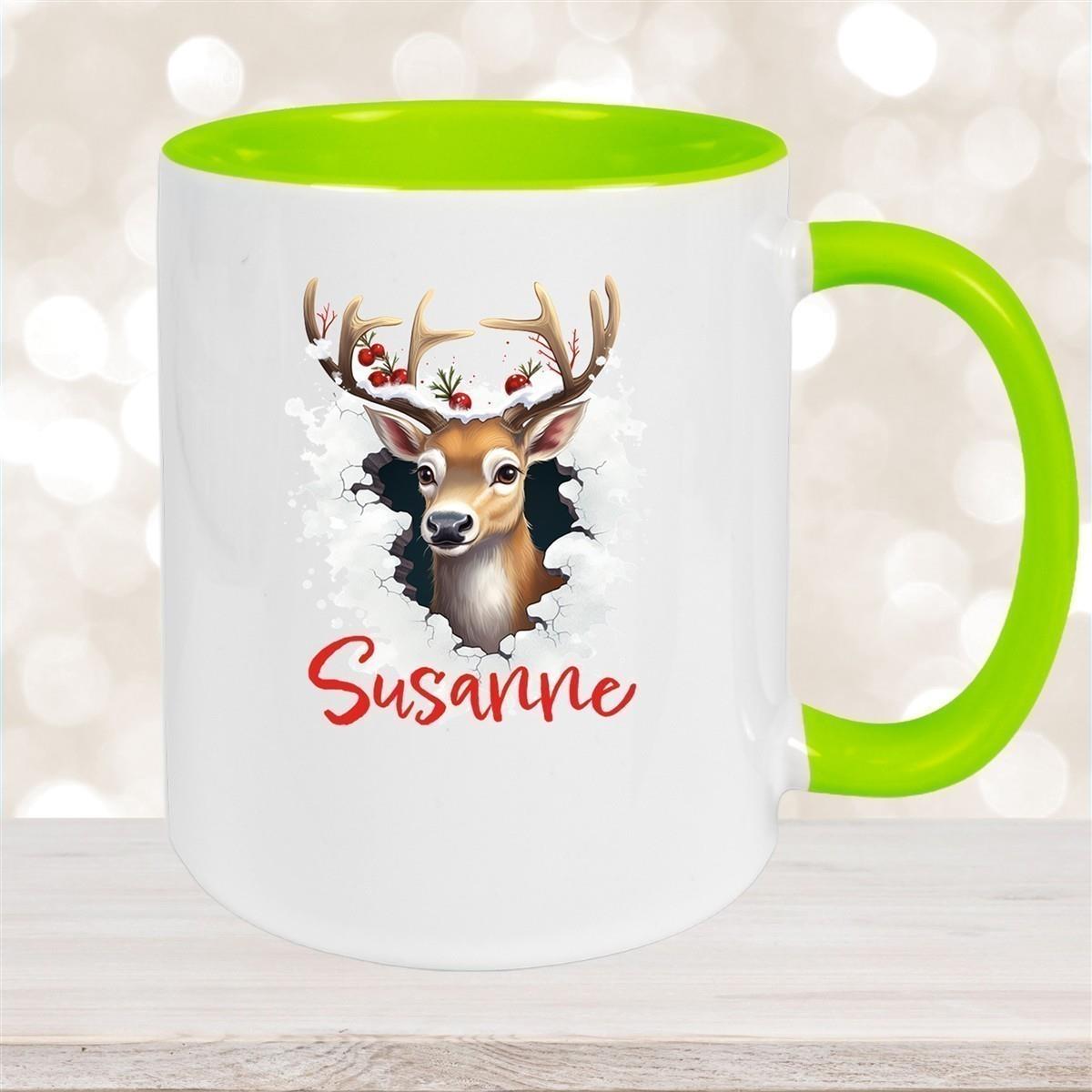 Tasse Wunschname Christmas Rentier 2 Keramik Kinderbecher versch. Farben