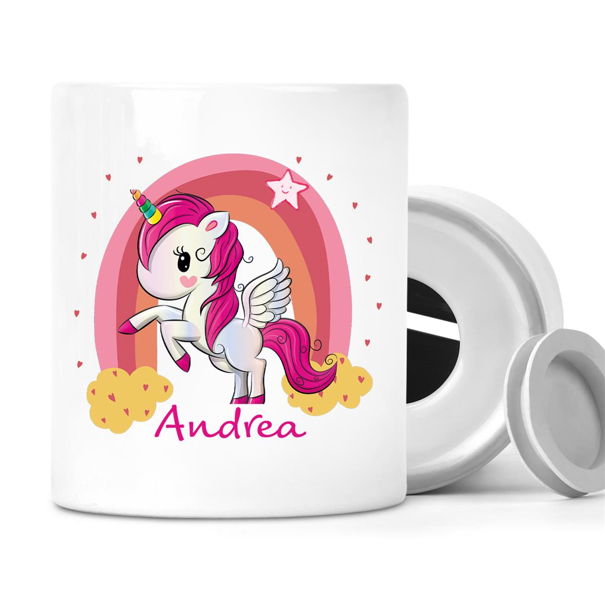 Spardose mit Wunschname Regenbogen-Einhorn personalisiert