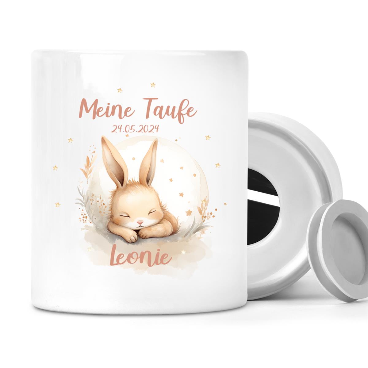Spardose mit Wunschname Taufe Hase 2 personalisiert