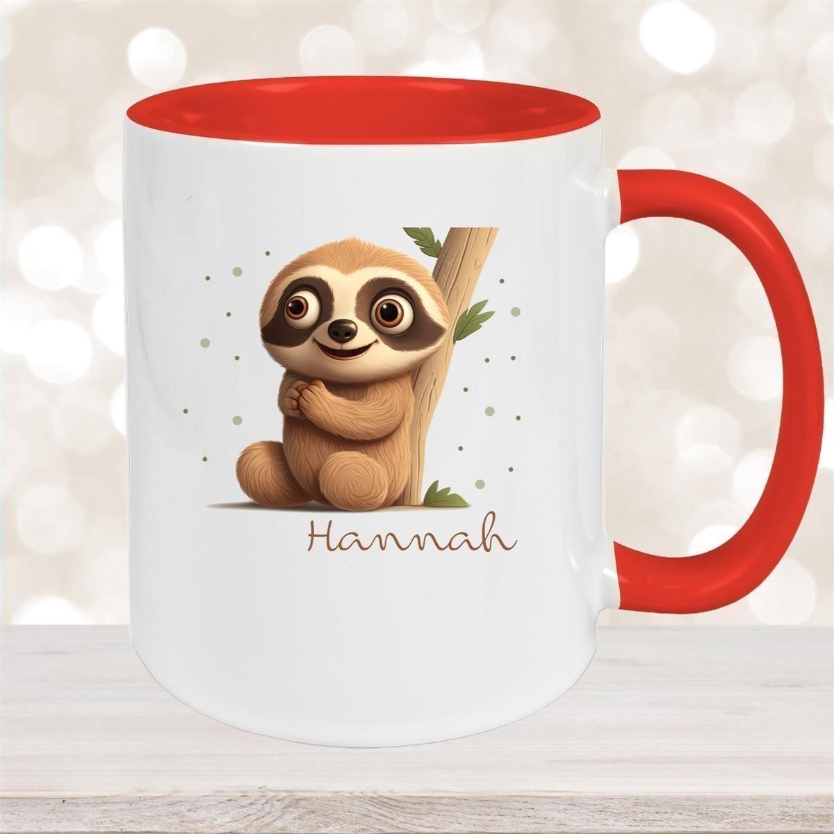 Tasse Wunschname Faultier-Baum Keramik Kinderbecher versch. Farben