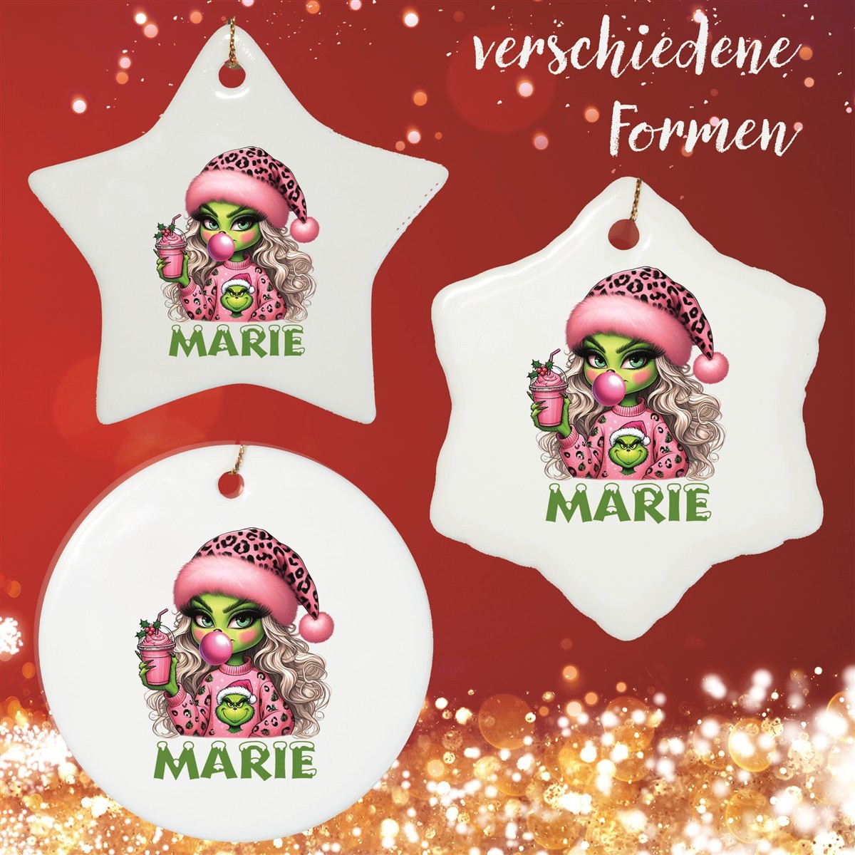 Christbaumanhänger Weihnachten Lady - Grinch #5 Ornament Christbaumschmuck versch. Formen Christbaumanhänger Weihnachten Lady - Grinch #5 Ornament Christbaumschmuck Rund