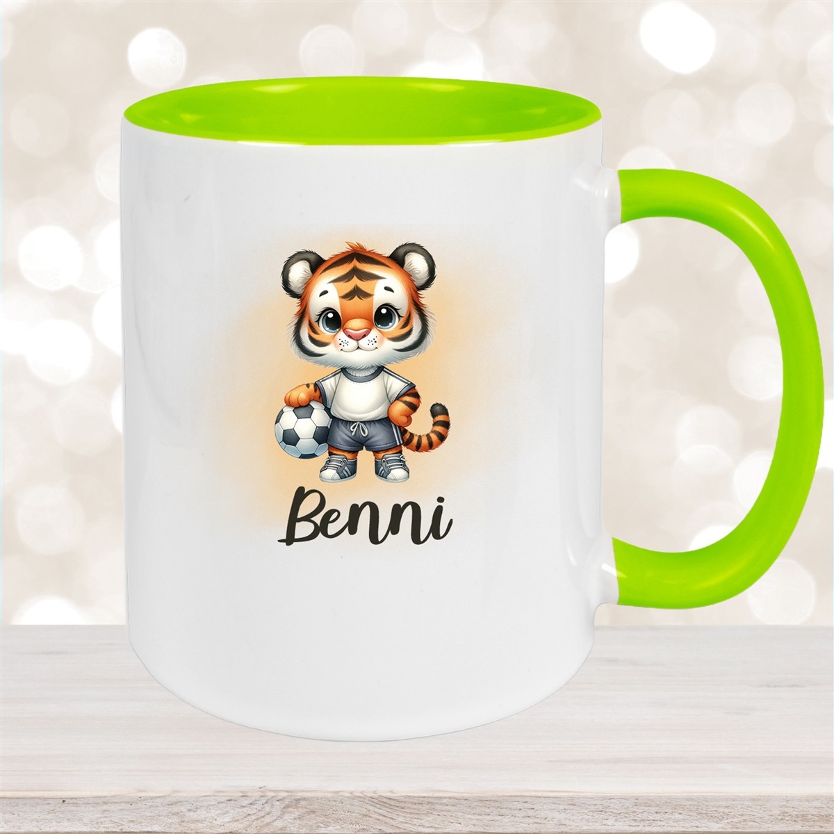 Tasse Wunschname Fußball #16 Personalisiert Tiger Keramik Kinderbecher Grün