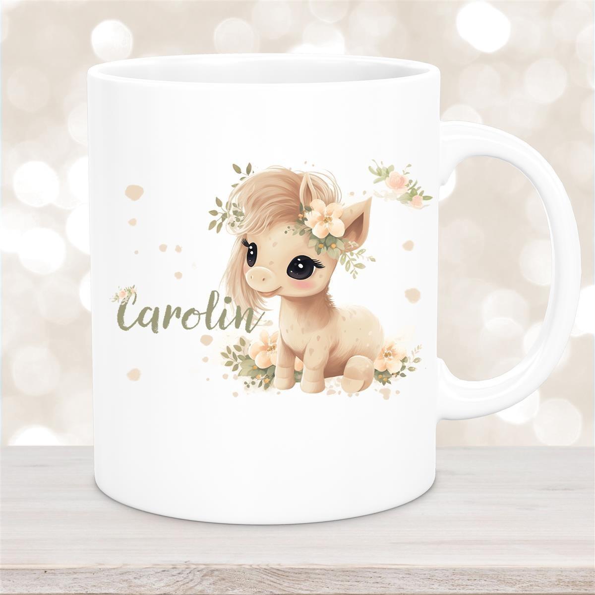 Tasse Pferd 5 Wunschname Keramik Kinderbecher personalisiert versch. Farben