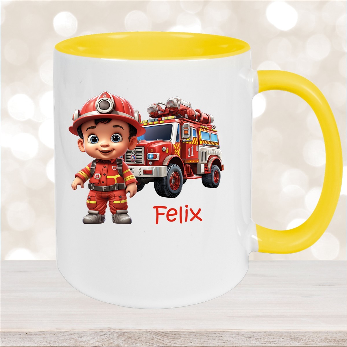 Tasse Wunschname Feuerwehr #4 Keramik Kinderbecher Gelb