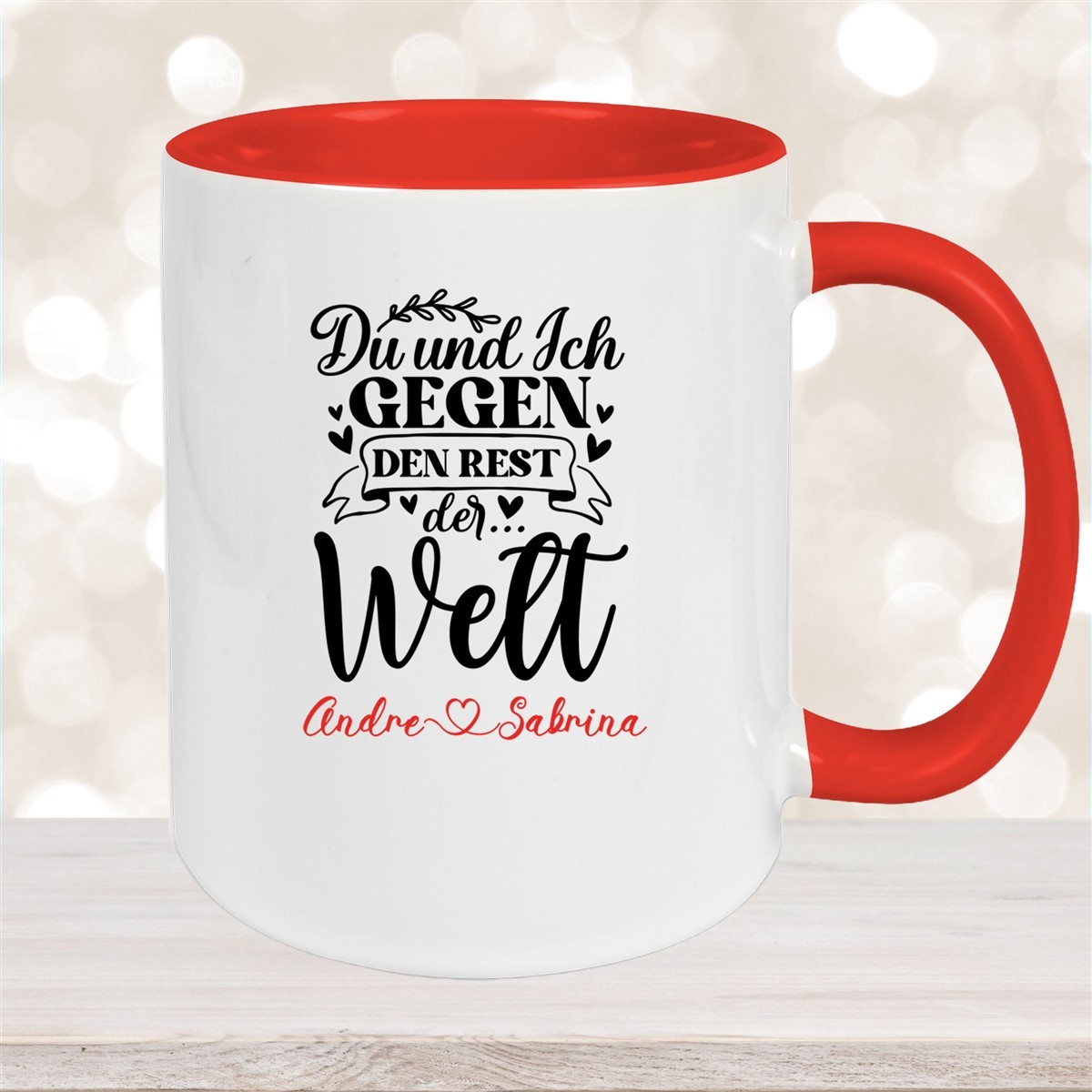 Tasse Liebe - Spruch "Du und Ich, gegen den Rest der Welt" Valentinstag Wunschnamen Keramik personalisiert versch. Farben Rot