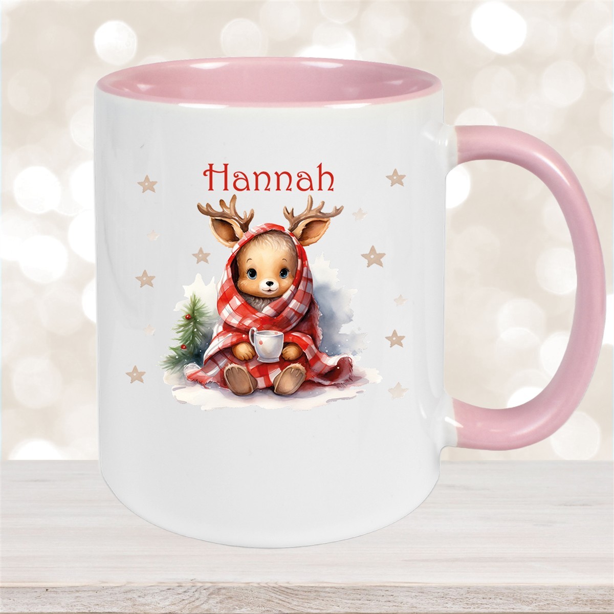 Tasse Wunschname Weihnachten Rehlein #1 Keramik Kinderbecher Altrosa
