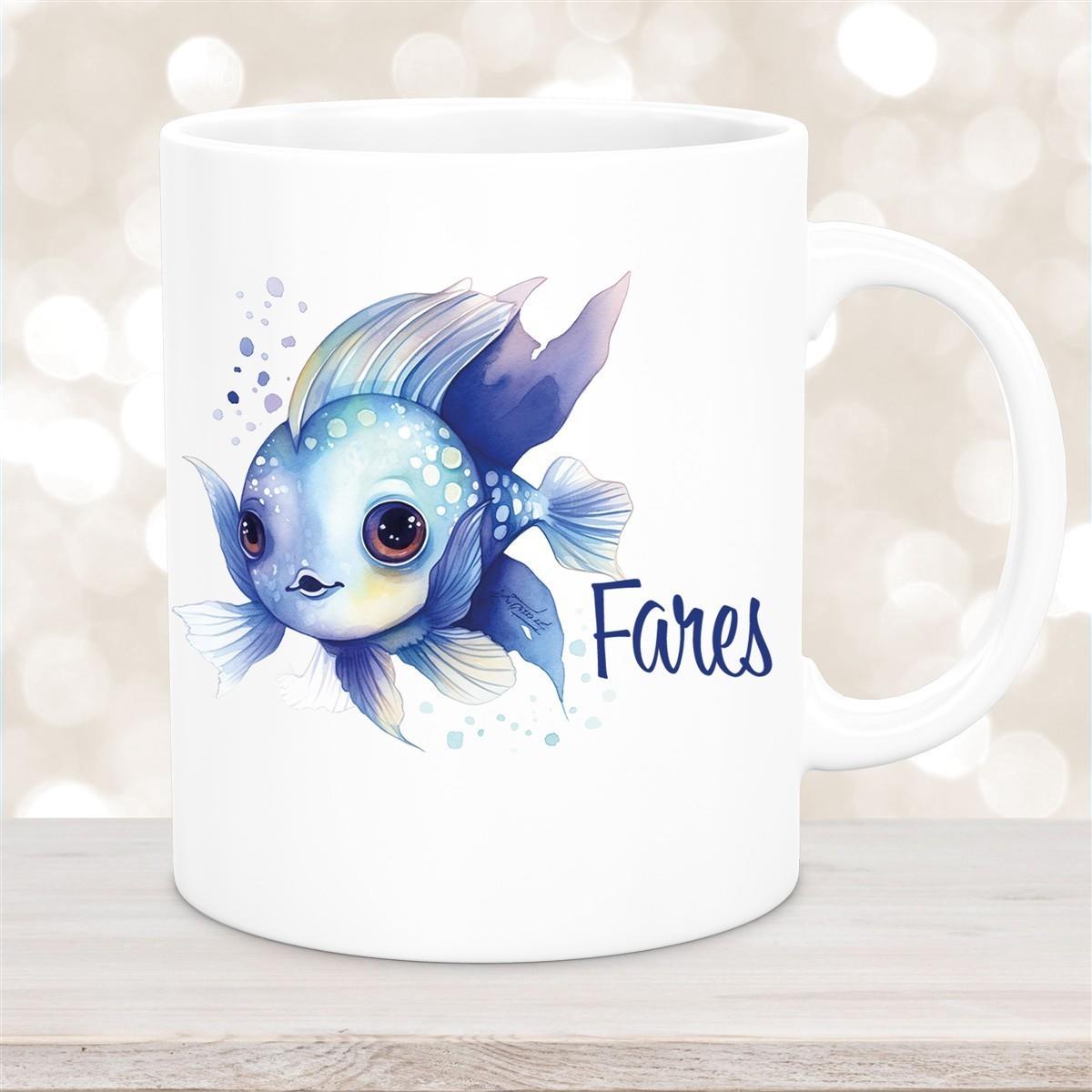 Tasse Wunschname Meerestiere-Fisch 2 Keramik Kinderbecher versch. Farben